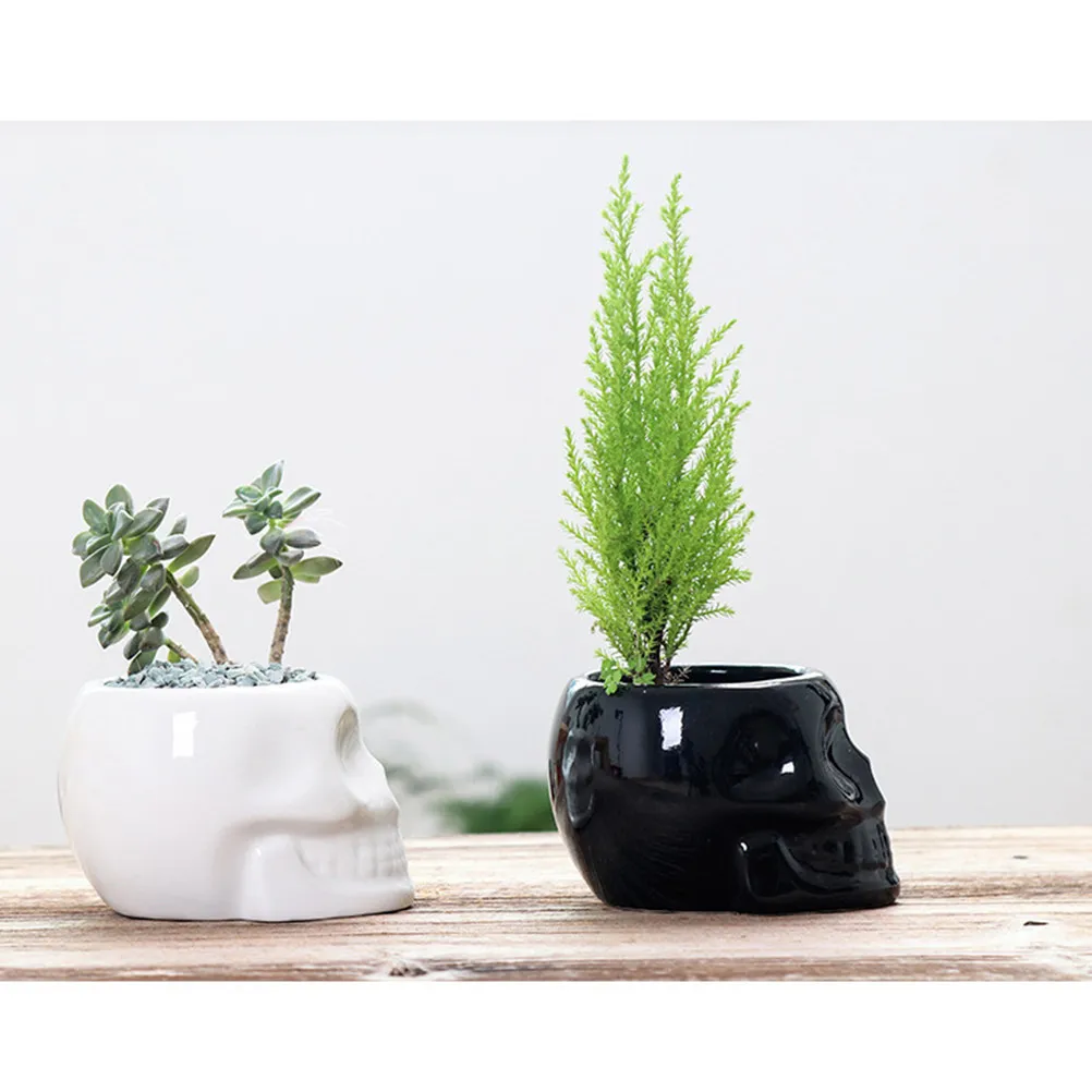 1Pcs Stylish Ceramic Flower Pot Black Skull Motif Small Planters for Indoor Greenery Desktop Table Window Shelf Decoration
