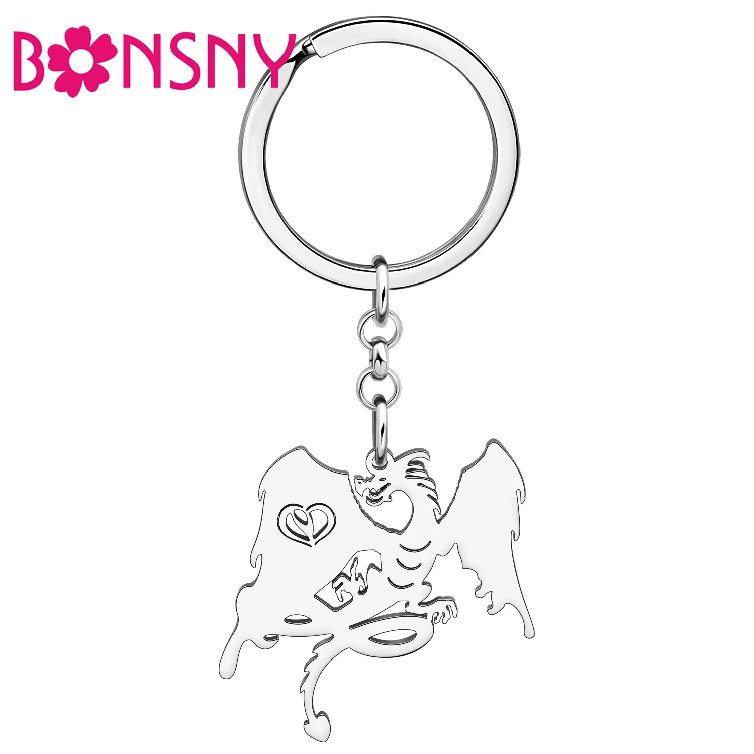 BONSNY Stainless Steel Flying Dinosaur Keychains Evil Western Dragon Key Chains Car Bag Key Ring Jewelry Gifts For Women Girls