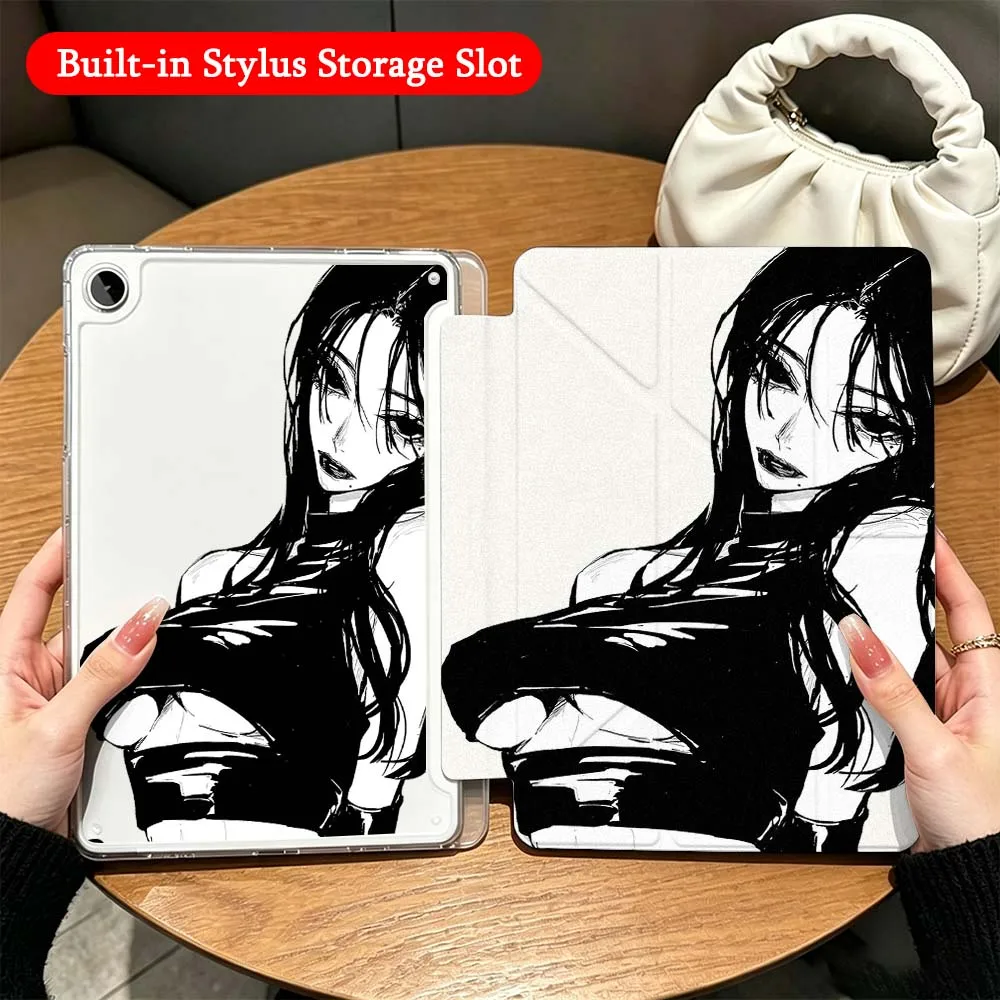 Anime Girl Black Outfit For Samsung Galaxy Tab A9 A8 A11 S6 S7 S8 S9 S10 FE Plus Lite Transparent Y-Shaped Folding Tablet Case