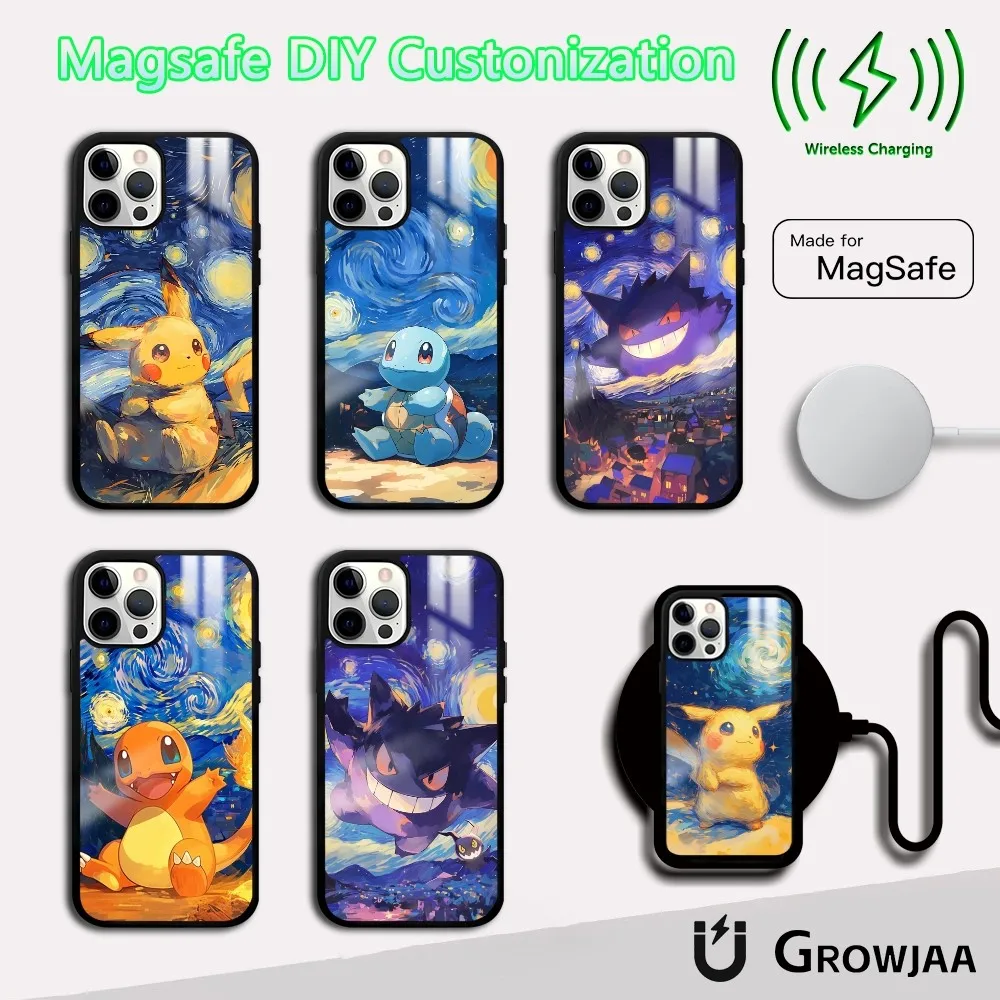 

V-Van G-Gogh style Pikachu Phone Case For iPhone 16 15 14 13 12 11 Pro Max Plus Mini Magsafe Mirror Wireless Magnetic Cover