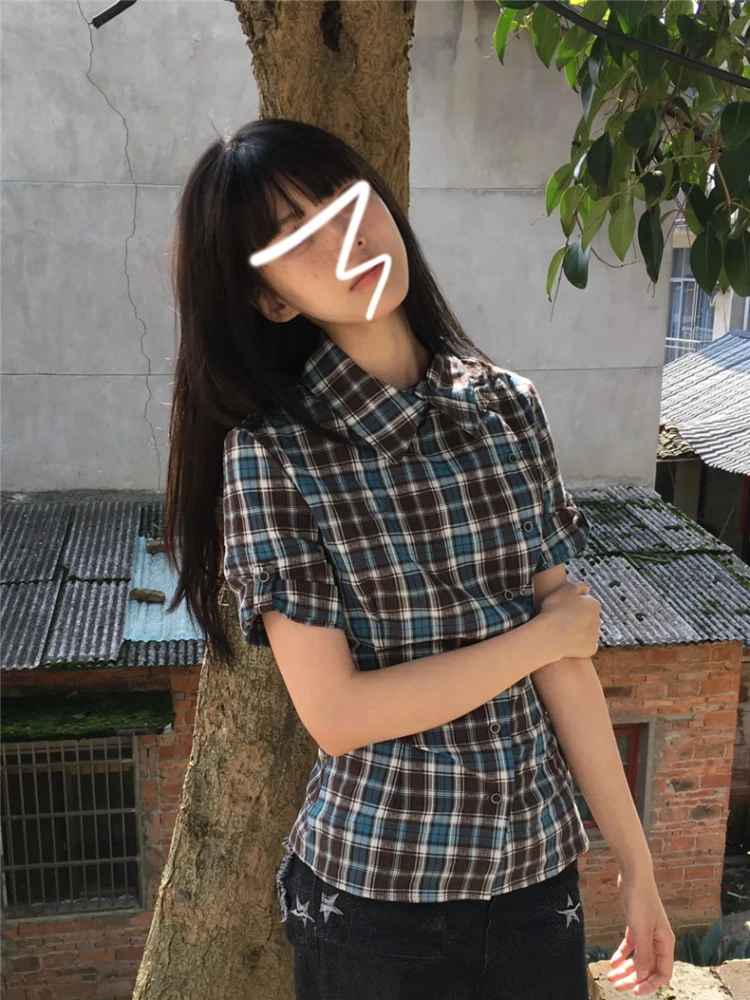 Y2k Women Vintage Korean Fashion Preppy Style Plaid Shirts Short Sleeve Blouses Design Crop Top 2000s Aesthetic Cute Core Summer