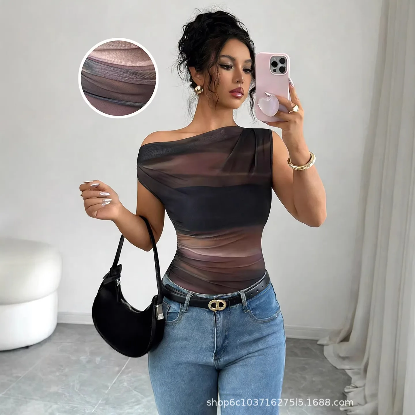 2026 New Summer Mesh Fabric Sexy Off-shoulder Dress With Artistic Gradient Design, Breathable And Skin-friendly Elegant