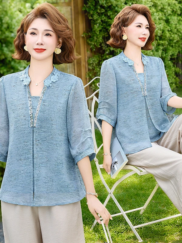 

New Style Mommy Clothes Middle Age Women's Fashionable Shirt Stand Collar Slimming Belly Covering Half Sleeve Summer Top
