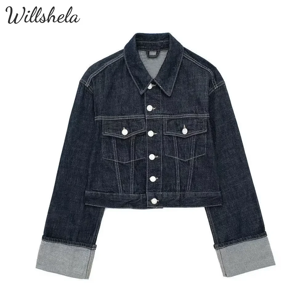 Willshela Damesmode Denim Blauw Single Breasted Jas Revers Hals Lange Mouwen Met Zakken Vrouwelijke Chic Lady Casual Uitloper