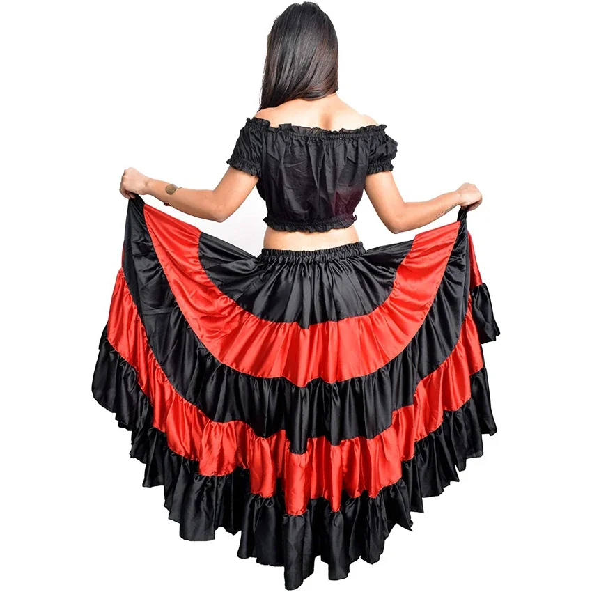 Women Red Traditional Spanish Flamenco Skirt Gypsy Dancing Costume Striped Satin Smooth Big Swing Belly Skirt Performance 90cm