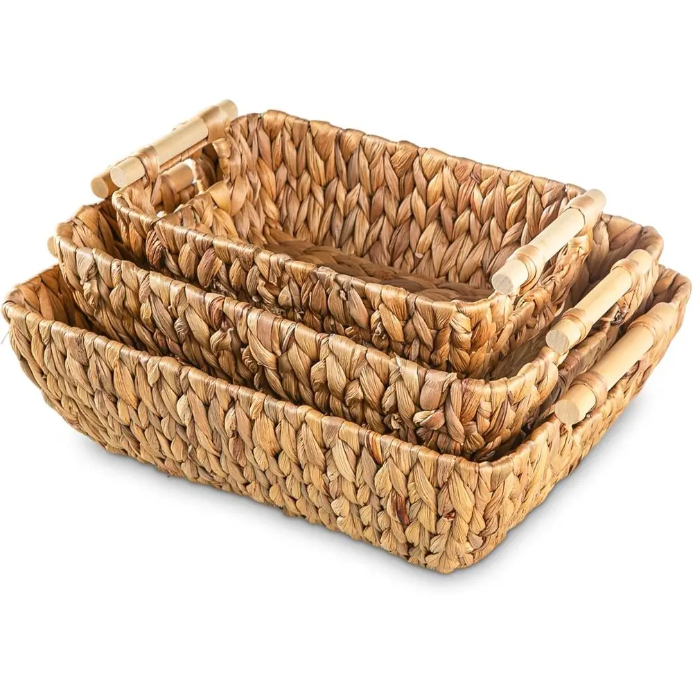 

Set of 3 Handcrafted Water Hyacinth Baskets with Wooden Handles for Storage and Home Décor - Large, Medium & Small