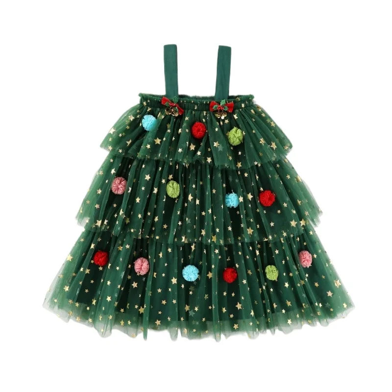 Baby Girls Christmas Tree Dress Sling Star Sequined Mesh Vestidos Layered Tulle Cake Dress with Plush Ball 1-6Y