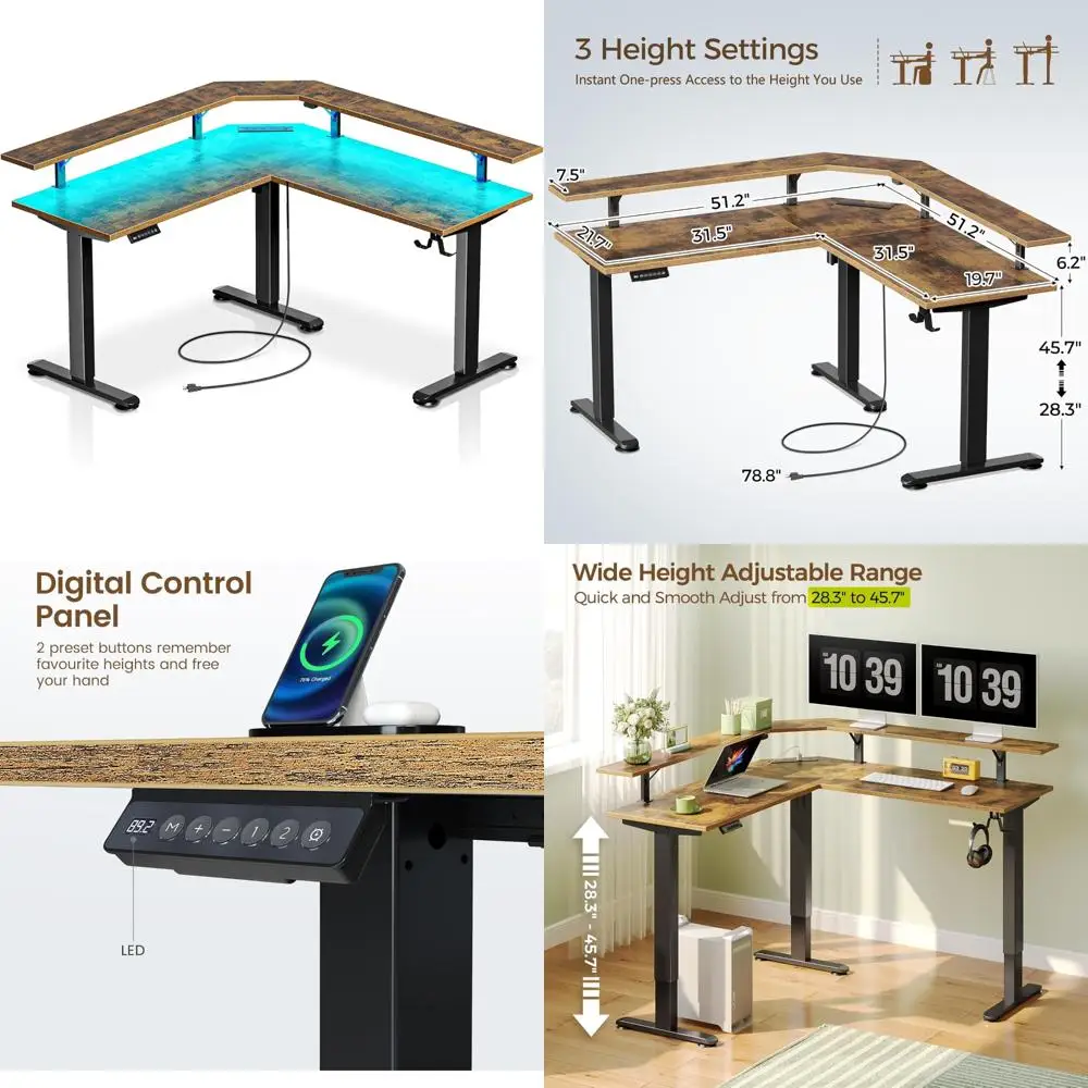 

Electric Height-Adjustable L-Shaped Desk with LED Light and Power Outlet for Sit-Stand Office Use