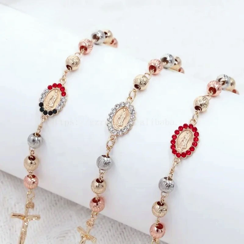 

RUIXI Fashion Hot-selling New Gold-plated Three-color Rosary Religious Virgin Mary Cross Jesus Pendant Women's Bracelet Gift