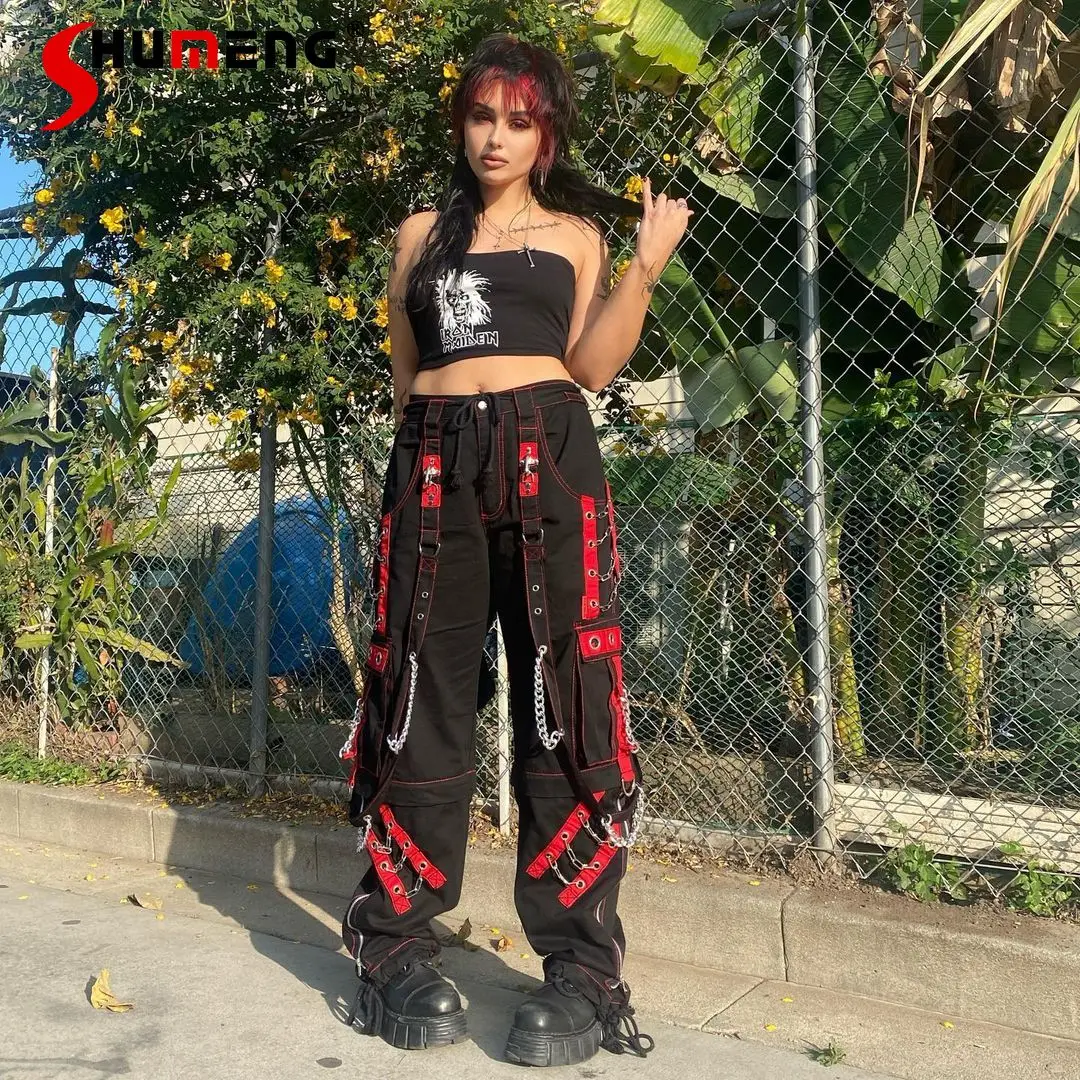 

Punk Locomotive Style Red Webbing Cargo Pants Hot Girl Streetwear Fashion Dark Splicing Chain Casual Jeans Women Low Waist Jeans