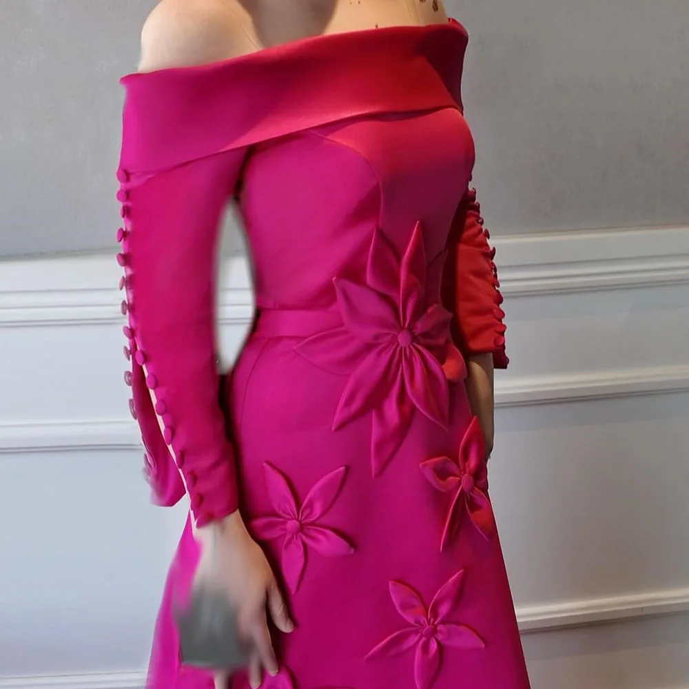 

Customized A-line Evening Dresses Floor-length Off The Shoulder Full Sleeve Prom Gown Fashion Flowers Button Draped Party Gown