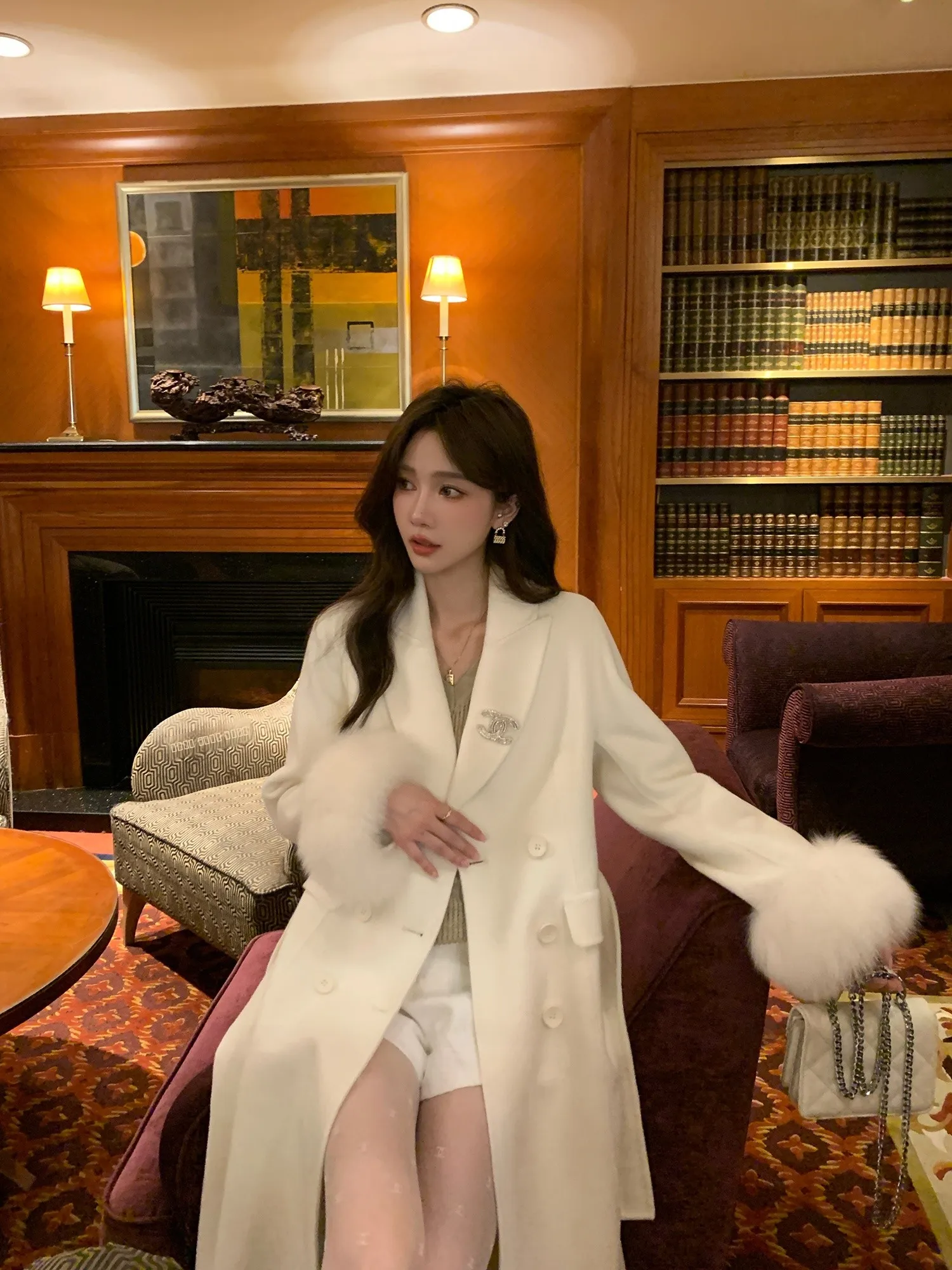 

Женское двустороннее шерстяное пальто ManMona с меховой отделкой, корейский стиль, прямой крой, длинный рукав, для повседневной носки