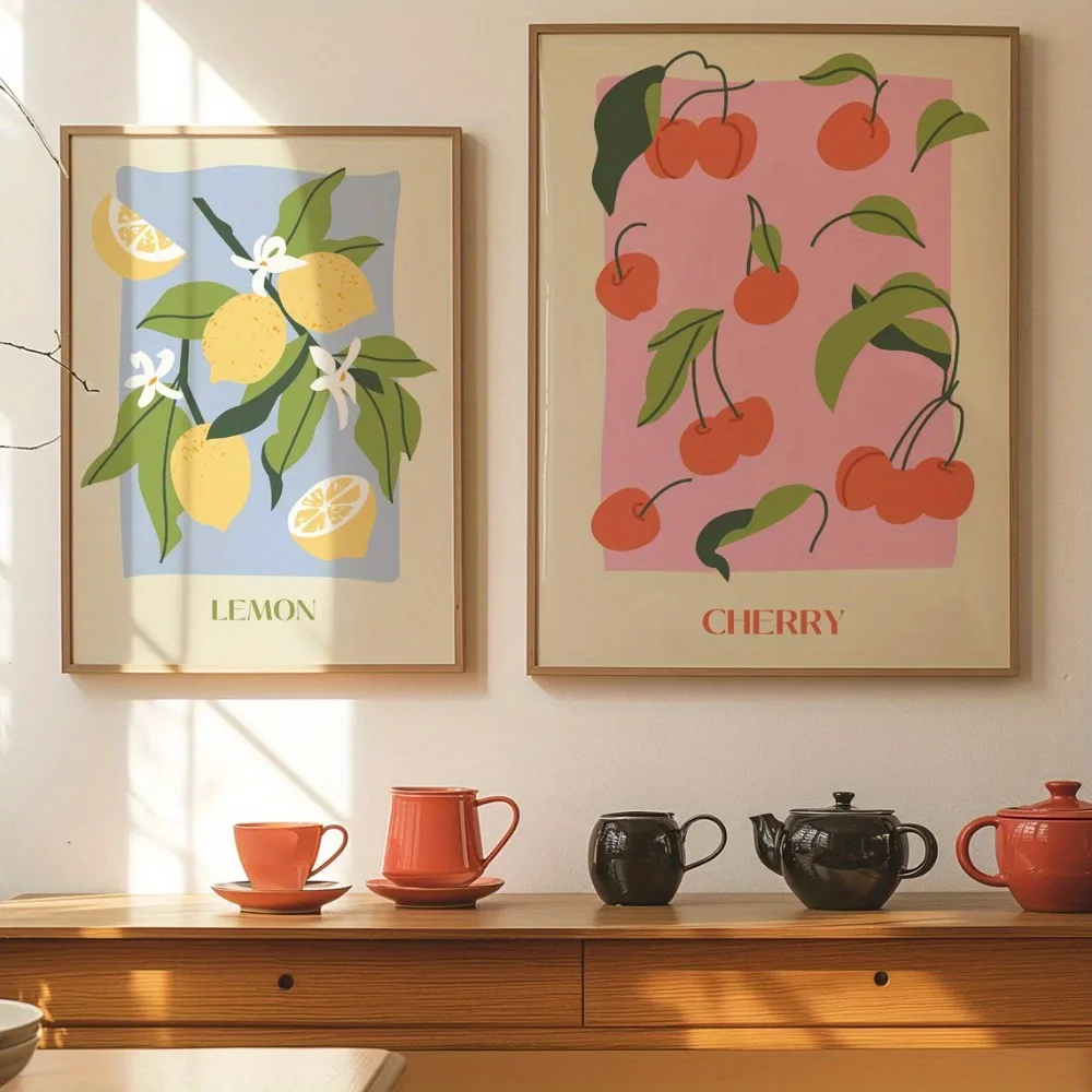 Frameless,Fruit Poster,Pink Delicious Cherry,Yellow Sour Lemon Canvas Painting,Kitchen Room Decor,Restaurant Aesthetic Design