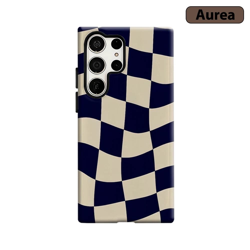 Wavy Navy & Cream Checkerboard Phone Case for Samsung Galaxy S25 Ultra S24 S23 Ultra Plus Shockproof Double Layer Back Cover