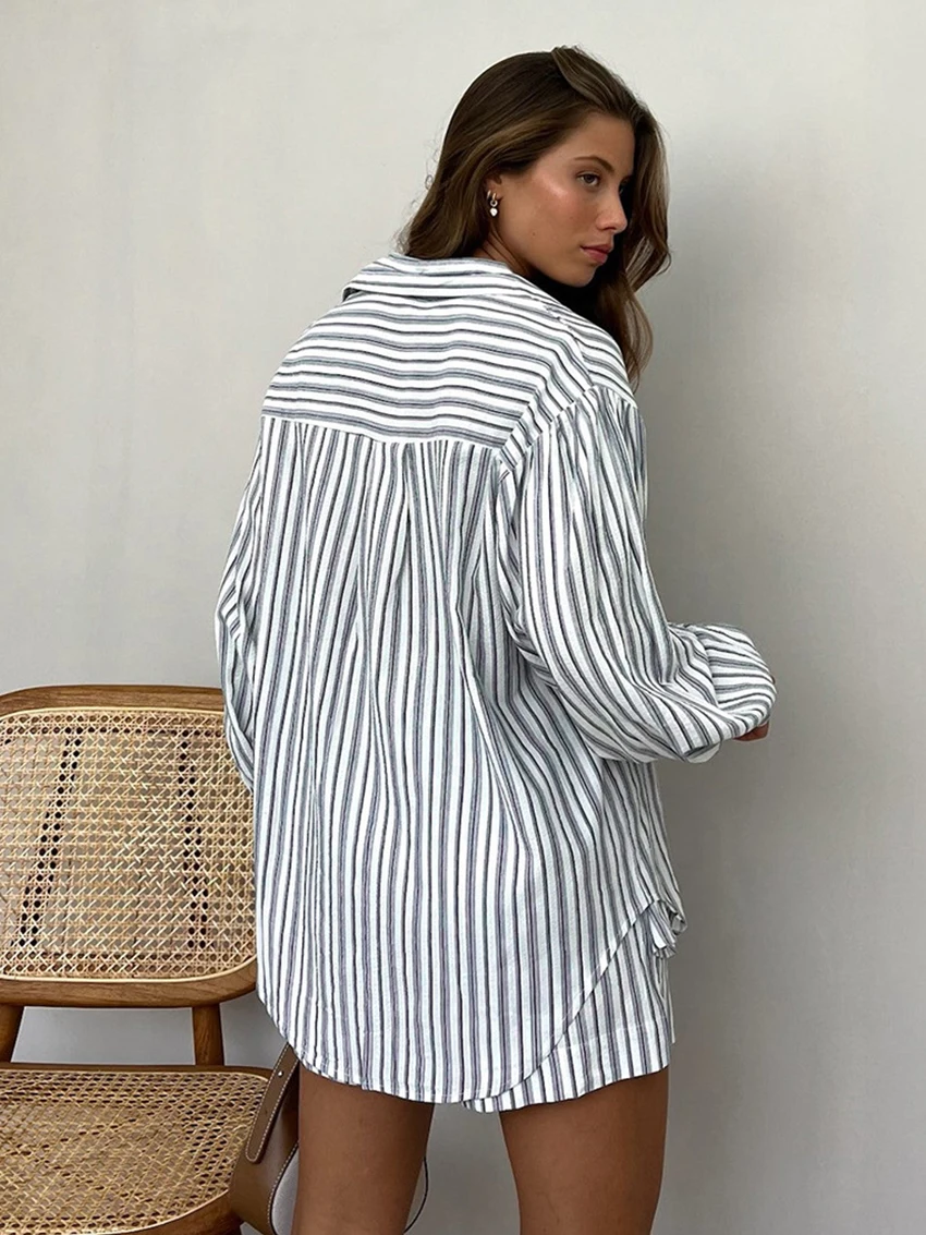 Marthaqiqi Casual Striped Women'S Nightwear Set Turn-Down Collar Sleepwear Long Sleeve Nightgowns Shorts Loose Femme Pajama Suit
