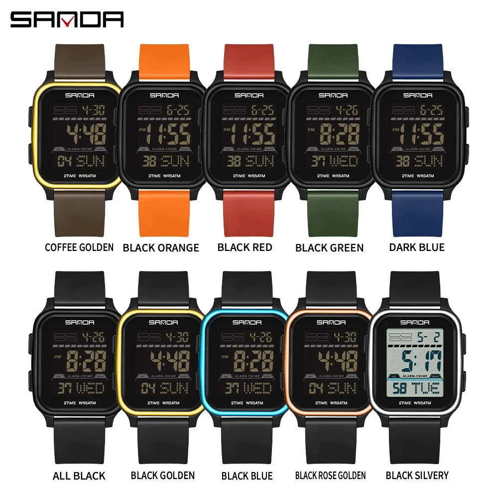 SANDA 2211 موضة ساعة إلكترونية للرجال متعددة الوظائف مربع الهاتفي التقويم الرياضة مضيئة مقاوم للماء الساعات الرقمية للرجل