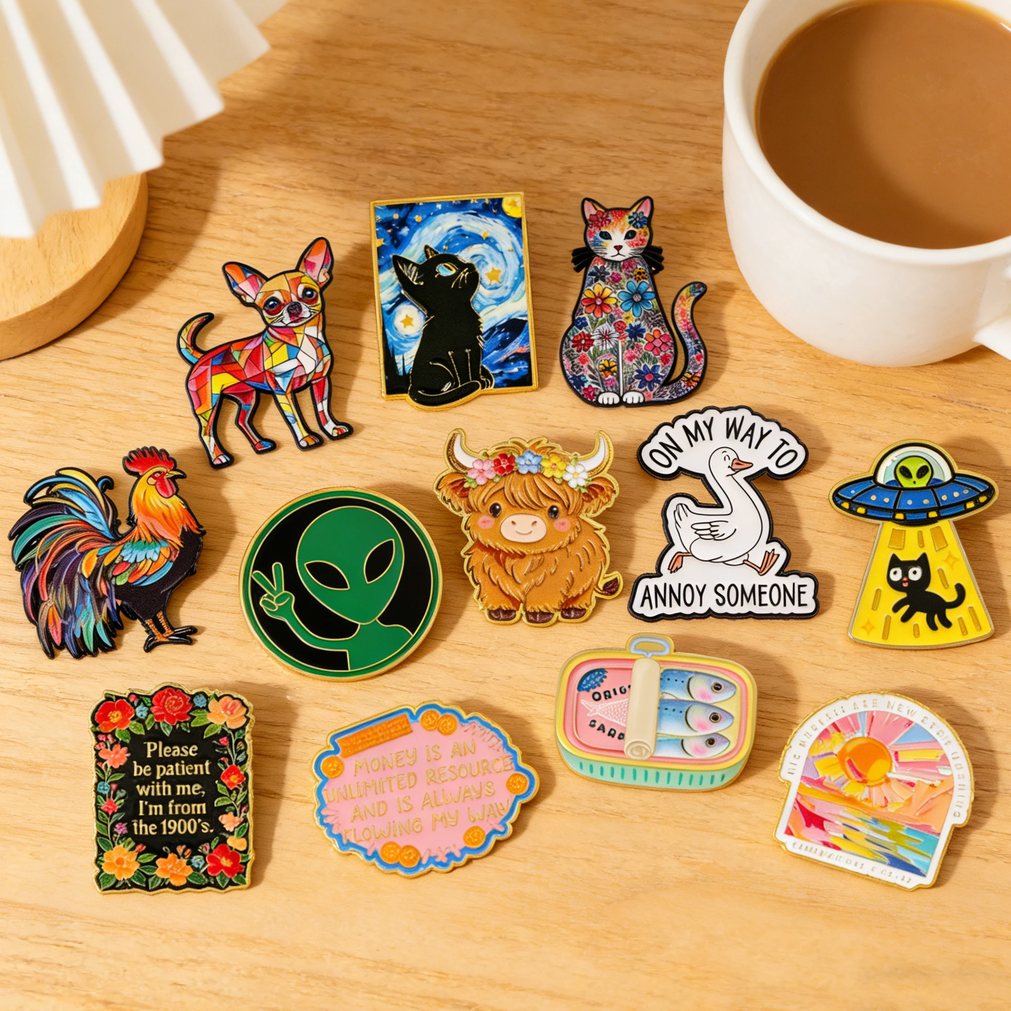 Cartoon UFO Cat Enamel Pin Flower Cat Colorful Rooster Metal Brooches Badge Jewelry Clothing Backpack Accessories Friends Gift