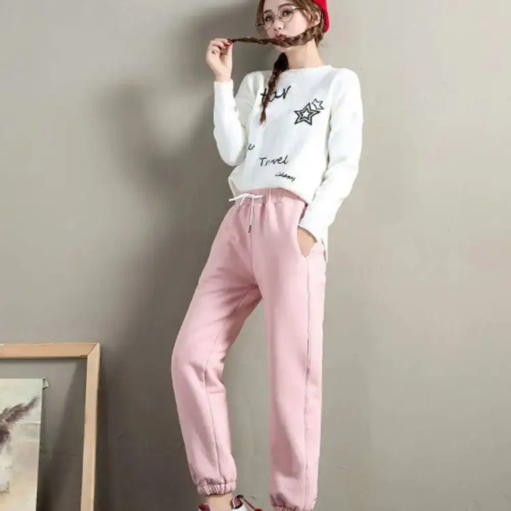 

High Waist Fleece Lined Joggers Fleece Lined Adjustable Drawstring Plush Pants Stretchy Solid Color Thermal Pants Casual Wear