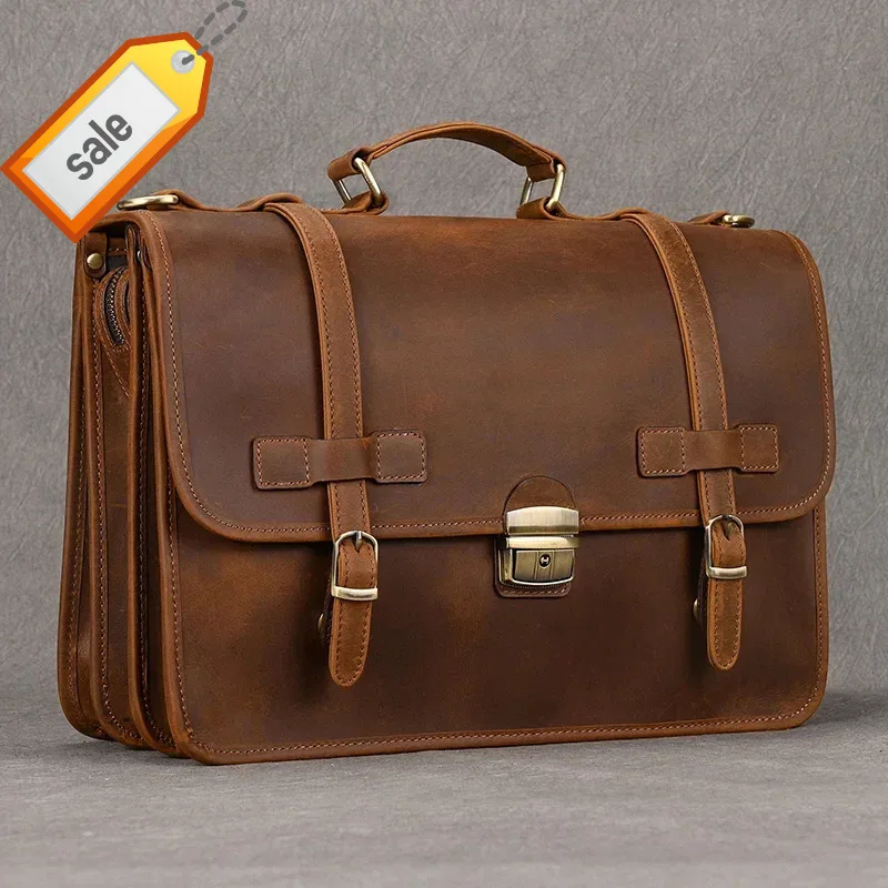 Luxury Designer Mans Male Genuine Business Brown Leather Briefcase Bag For Laptop Notebooks