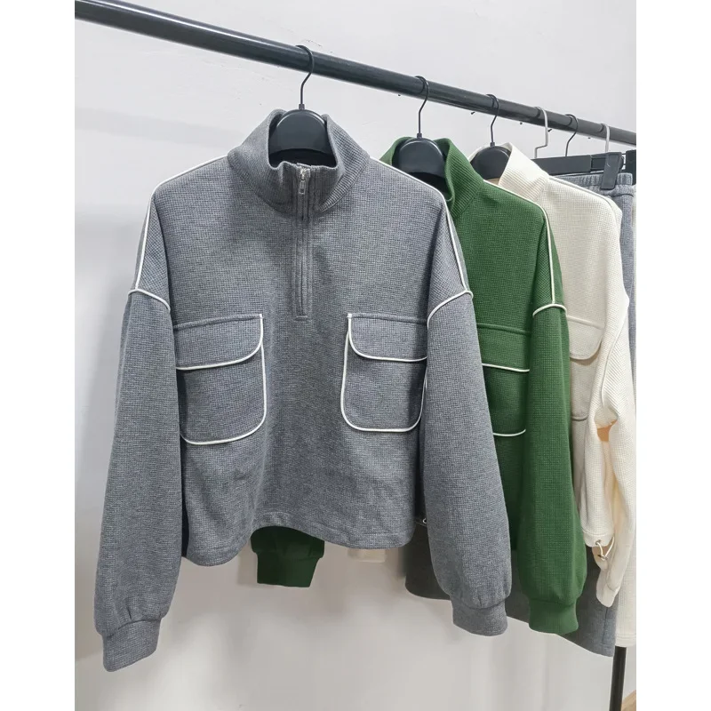 Autumn Sweatshirts Women Thick Half Skirts Two-piece Pullover Fashion Suit Winter Zipper Stand Colloar Pockets Clothes Green Top