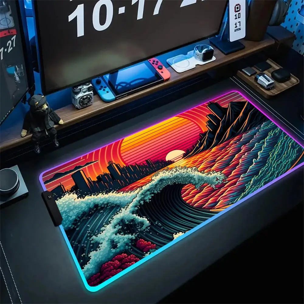 100x50cm PC RGB Desk Mats Design Mousepads Gamer LED Backlight Mouse Pad Wave And Cloud Table Pads Large Natural Rubber Desk Rug