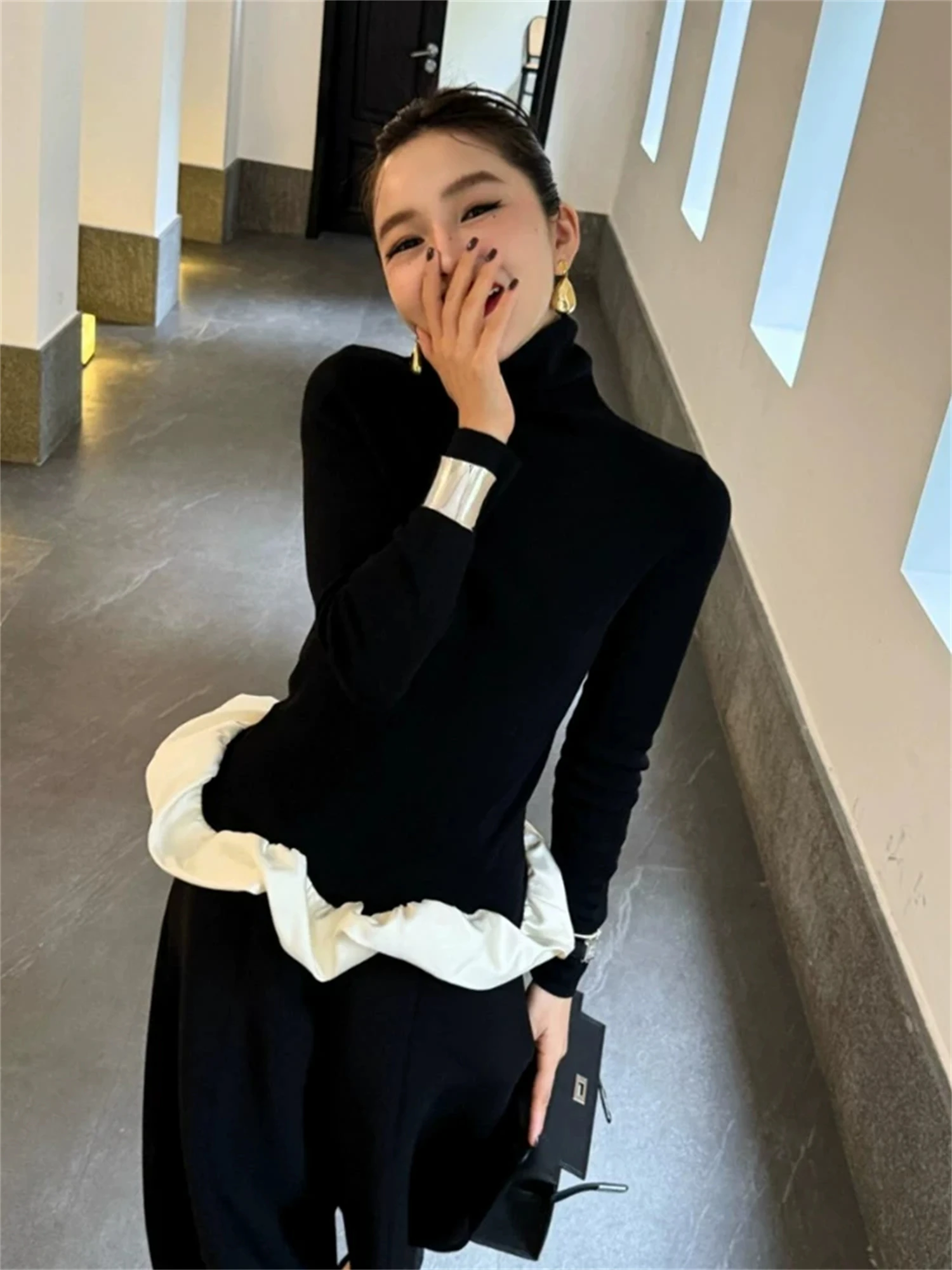 Vintage Retro High Neck Contrast Satin Ruffled Hem Knit Long Sleeve Top Women Slim Fit Fall Winter Casual Ladies Blouse