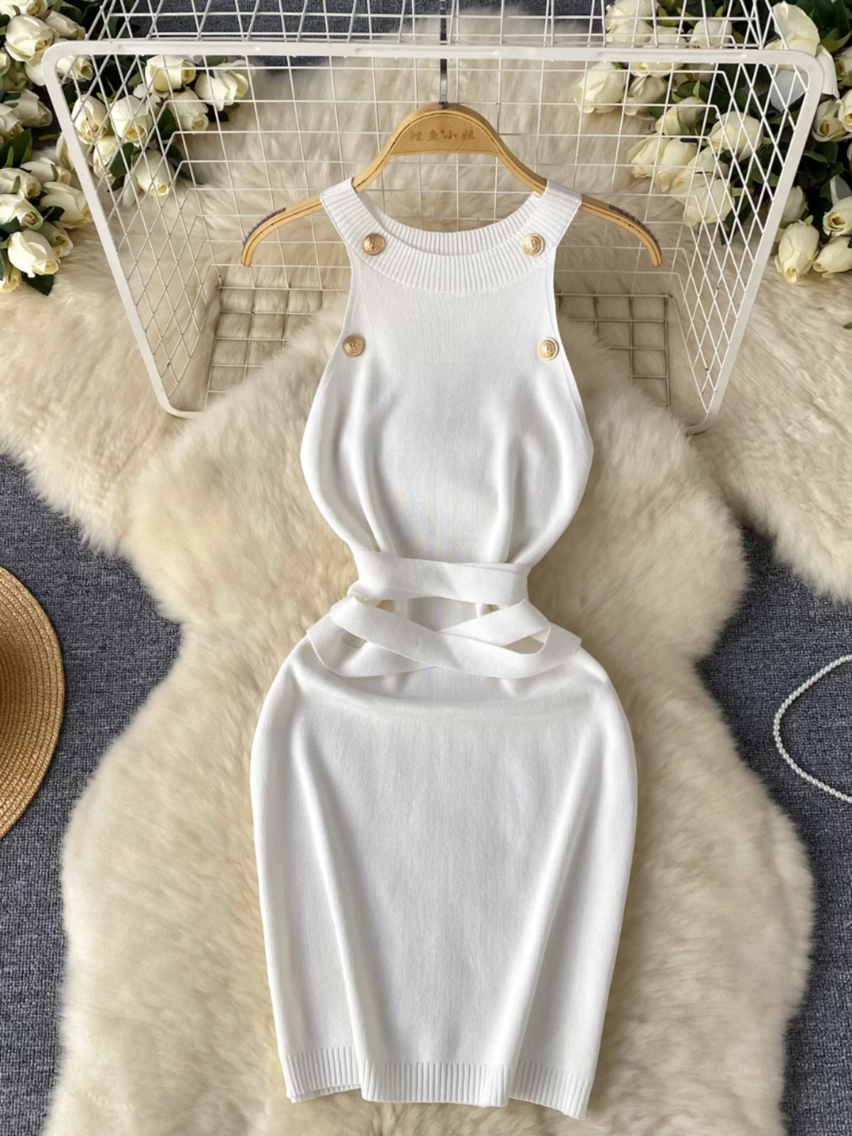 

Платье Foamlina женское трикотажное, модное однотонное мини-платье с круглым вырезом, облегающее эластичное повседневное на пуговицах, с запахом, без рукавов, на лето