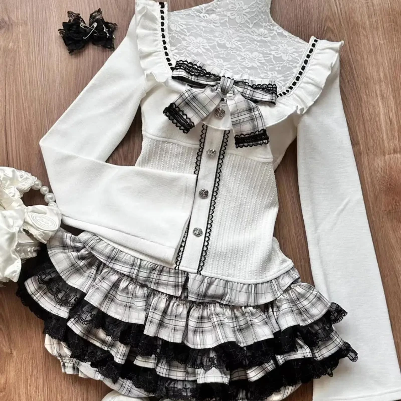 Elegant Vintage Suits Women Sweeet Bow Slim Knitted Cardigan Coats + Lace Mini Skirts Japanese Kawaii 2 Piece Sets Y2k Clothing