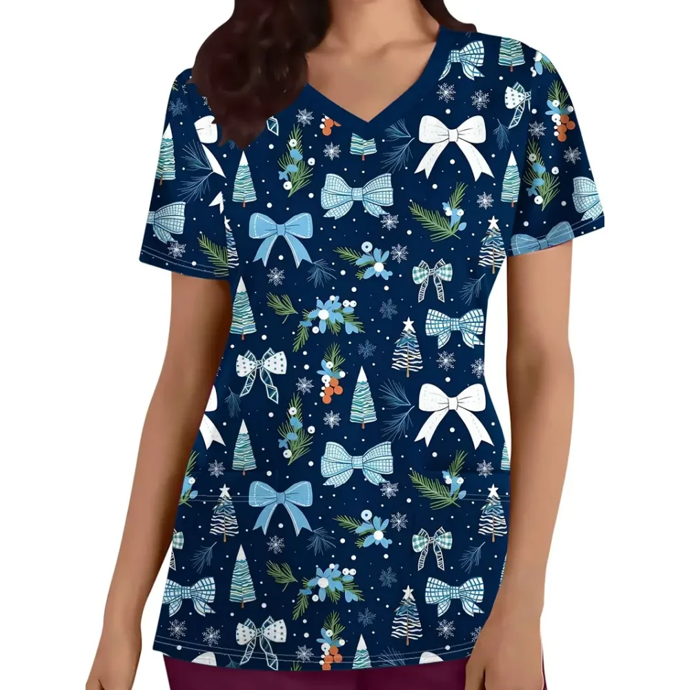 New Christmas Surgical Uniforms Woman Vet Dental Medical Uniform Microstretch V-Neck Short-Sleeve Tops Women's Medical Uniforms