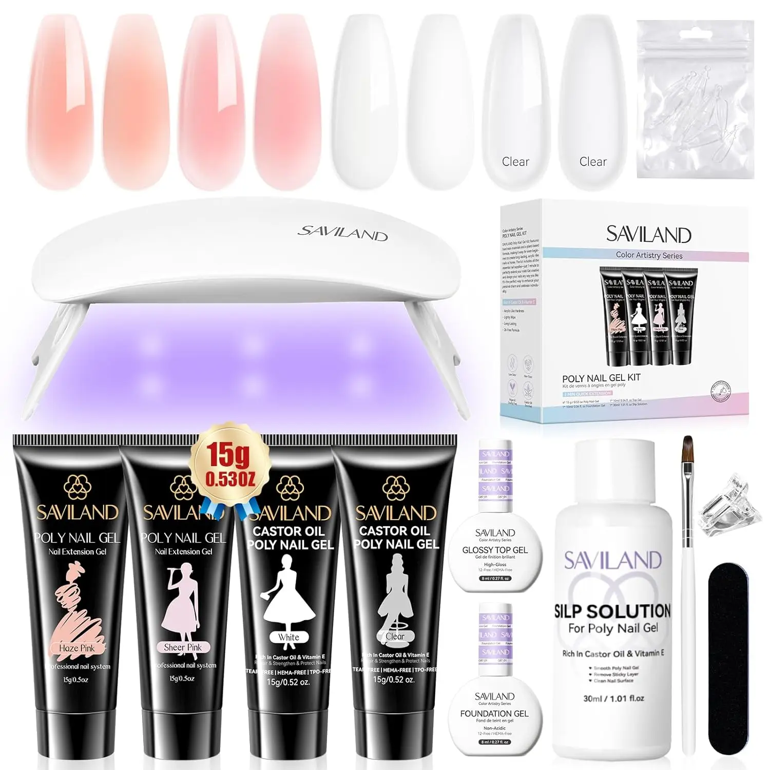 

Poly Gel Nail Kit Starter: 4 Colors Clear White Pink Haze Pink with UV Lamp Slip Solution, Quick Dry Nourish Nails 28 Days