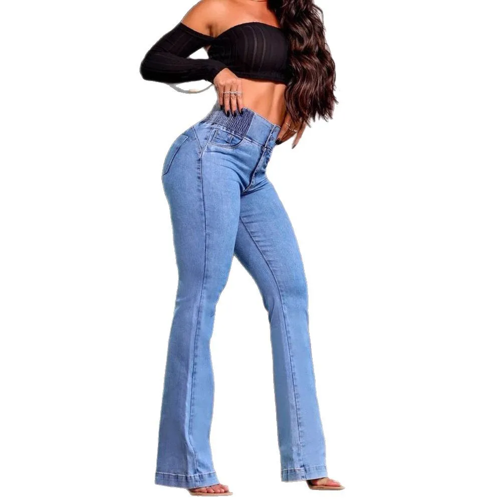2025 Spring and Autumn Elastic Waist High Waist Elasticity Slim Fit Slightly Flared Hip Lifting Denim Pants