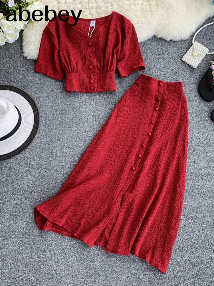 New Women Two Piece Set 2024 Sexy Summer Outfits Woman Clothes Fashion V Neck Crop Top + Slim A-line Long Skirts Suits 2 Pc Sets