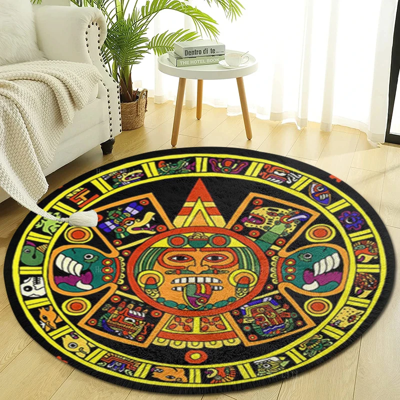 

Cartoon Mandala Mayan Azteca Calendar Stone Latin American Art Round Flannel Floor Rugs By Ho Me Lili For Home Decor