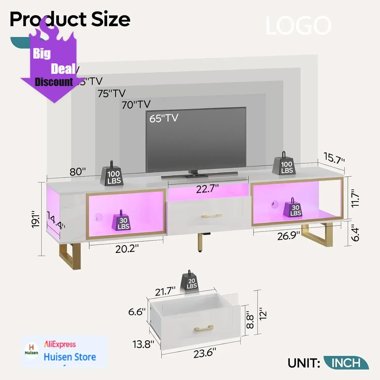 

Горячая распродажа: Прочная и долговечная подставка для телевизоров 80 дюймов (подходит для 65/75/85/90 дюймов), современный развлекательный центр для LED-телевизоров и PS5 с открытыми отсеками для хранения.