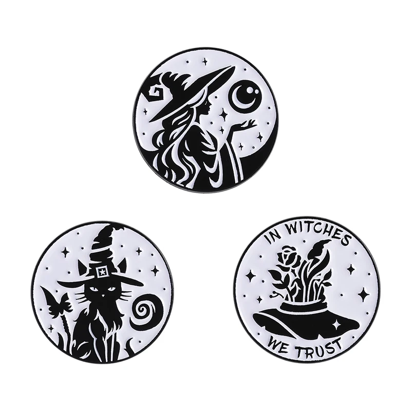 

Halloween Punk Witch Black Cat Moon Brooch Enamel Pins Custom In Witches We Trust Brooches Backpack Lapel Badge Jewelry Gifts
