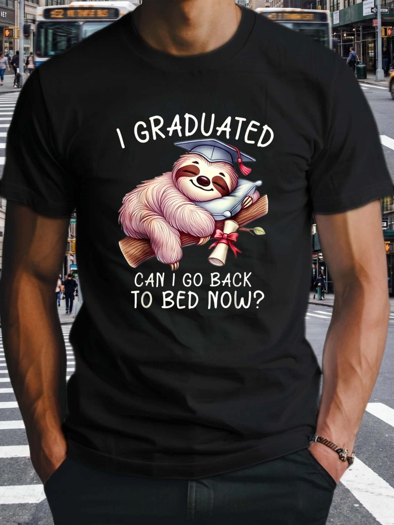 1 Stück 100% Baumwolle Unisex T-Shirt mit Aufdruck „Ich habe meinen Abschluss gemacht, kann ich jetzt wieder ins Bett gehen? Faultier“ O-Ausschnitt Kurzarm T-Shirt, Übergröße, bequeme