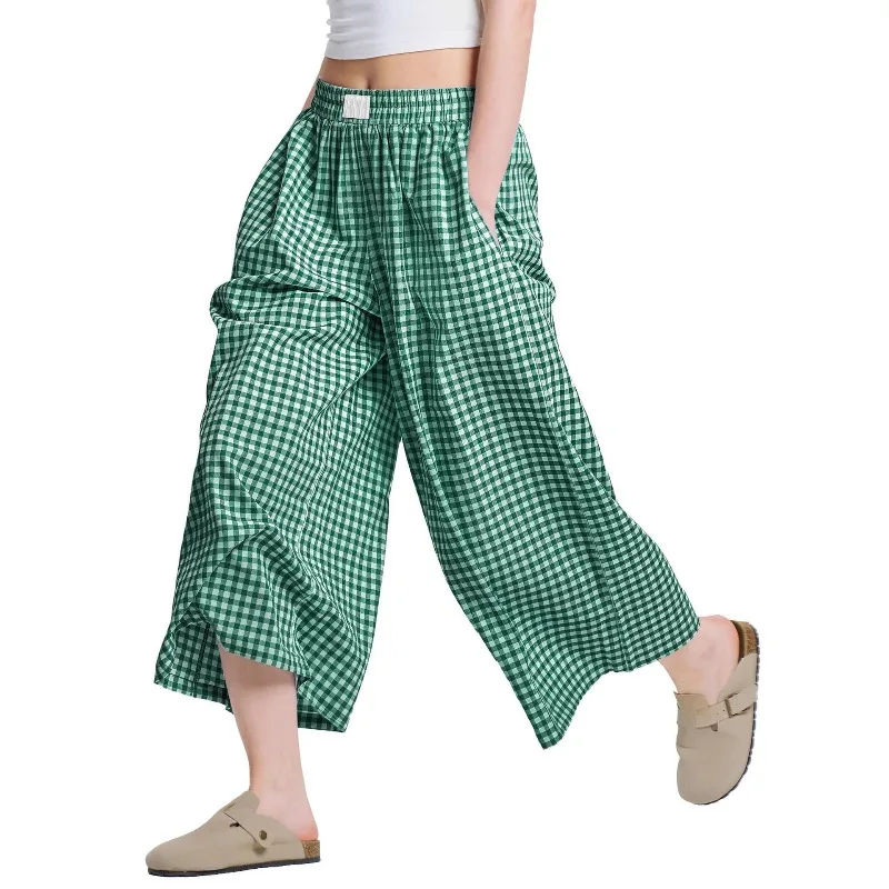 Women's Casual Plaid Wide Leg Pants Summer New Loose Slimming Lazy Long Trousers Comfortable Loose Fit High Waist Pants 2025