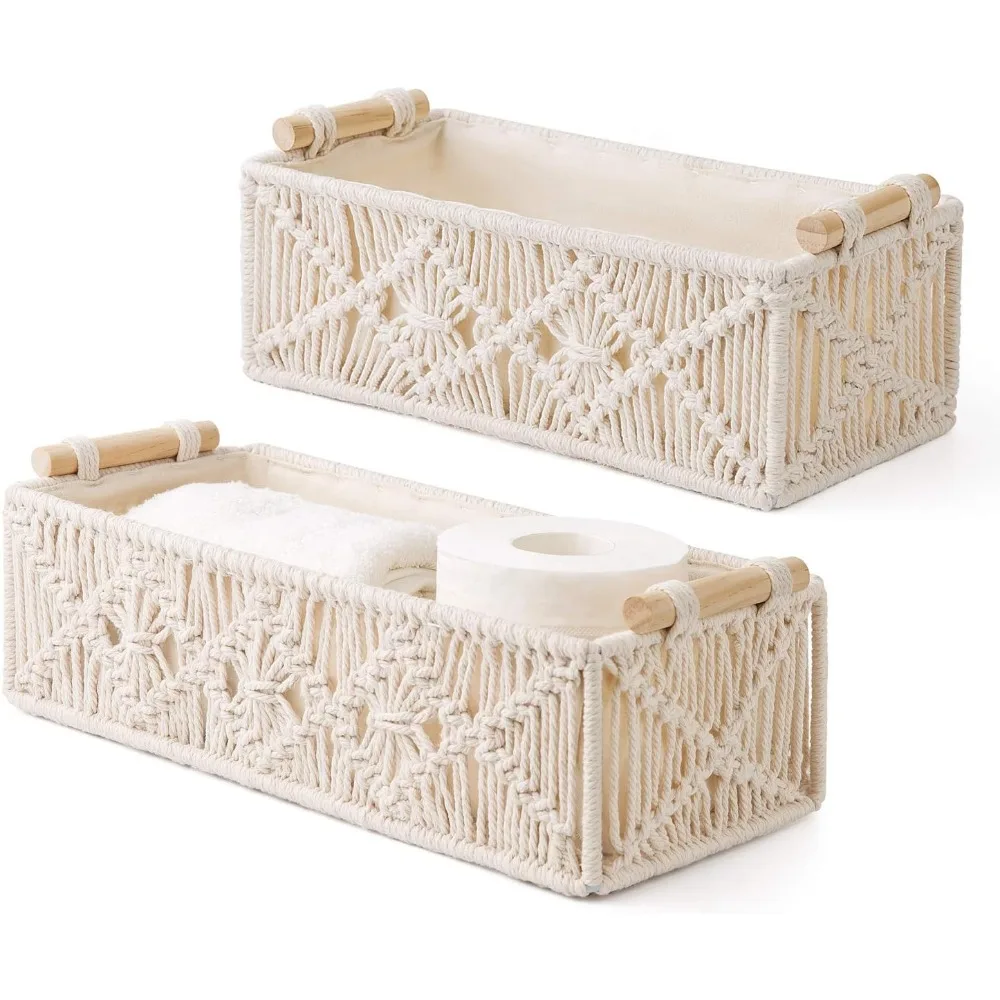 

Macrame Woven Storage Baskets Set of Two Ivory Boho Countertop Organizer for Bedroom Livingroom