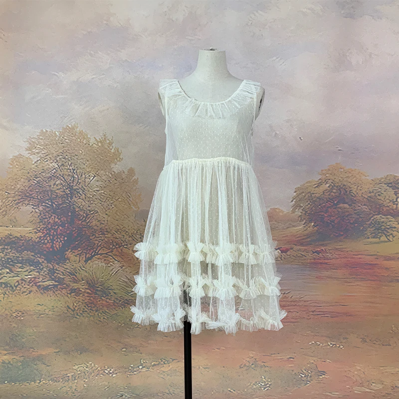 Mori Lolita Lace Mesh Ruffled Dress for Women, Kawaii Princess Dresses, Sleeveless, Sheer Cover Up, Cute, Sweet, Summer