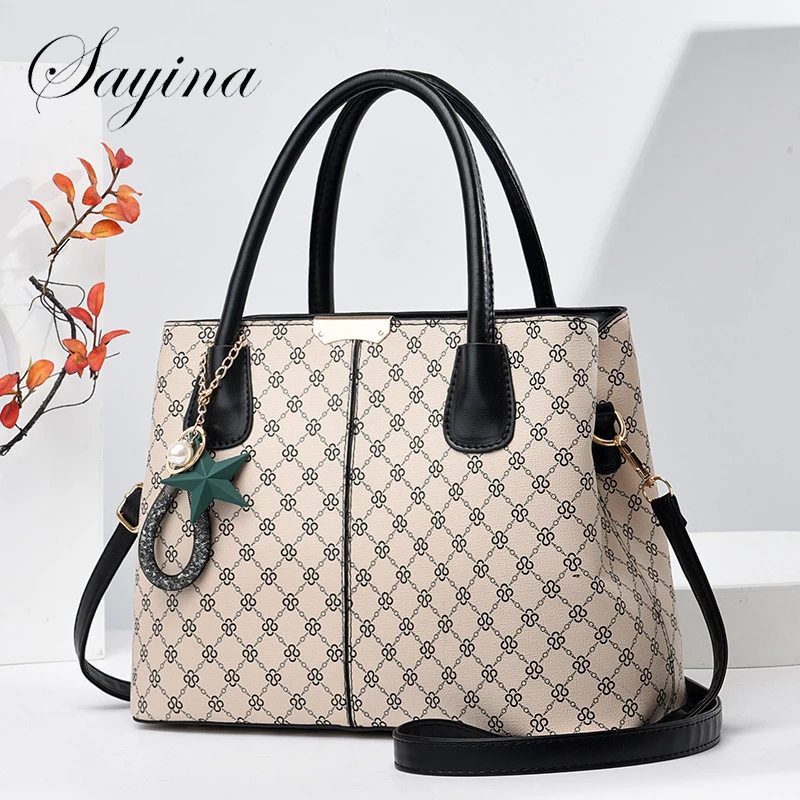 SAYINA New Ladies Handbag Large Capacity Women PU Leather Top-handle Bag Tassel Shoulder Crossbody Embroidery Bag Simple Handbag