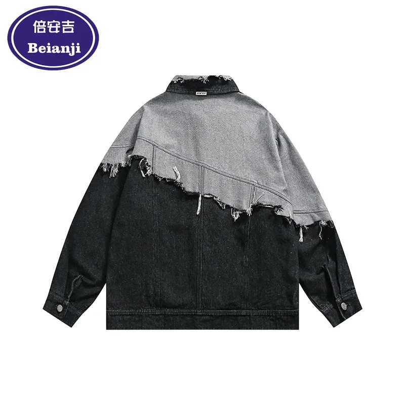 Beianji 2025 Spring New Splicing Denim Jacket Men's PatchworkCoat Long Sleeve Casual Tassel Hole Single-breasted Button Up Top