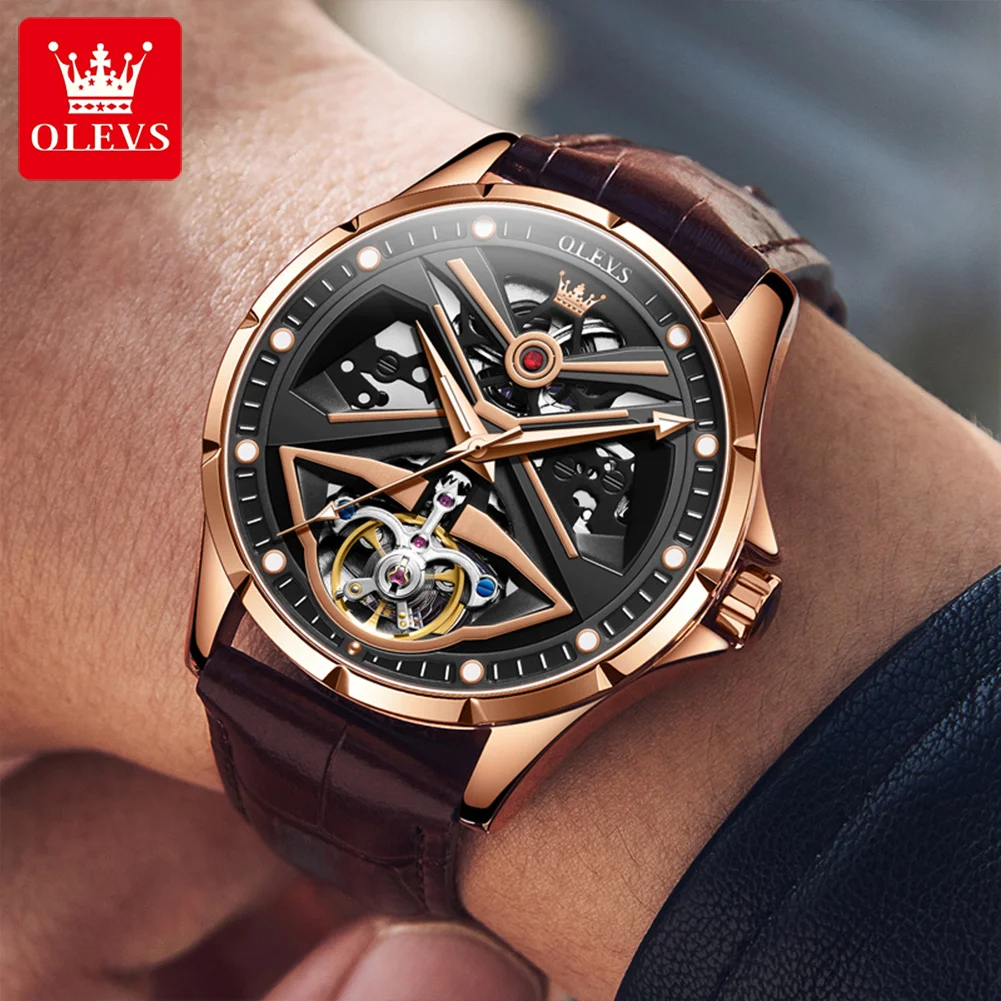 OLEVS Automatic Watch for Men Original Skeleton Luminous Waterproof Stainless Steel Leather strap Men Mechanical Watch Rose Gold