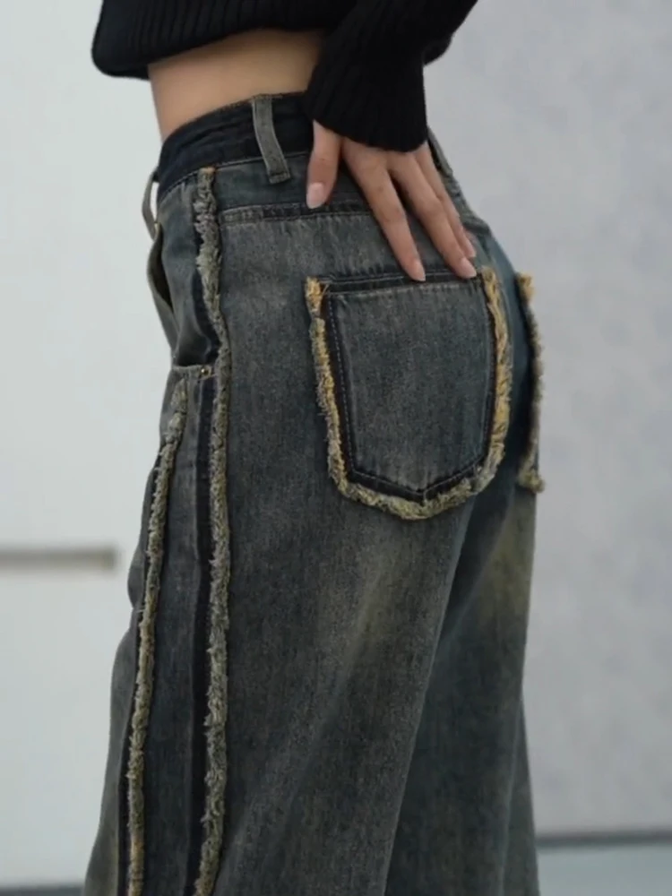

Elegant High Waist Distressed Washed Jeans Women's Slim Straight Leg Pants Casual Style Cotton Stretch Denim Standard Fit