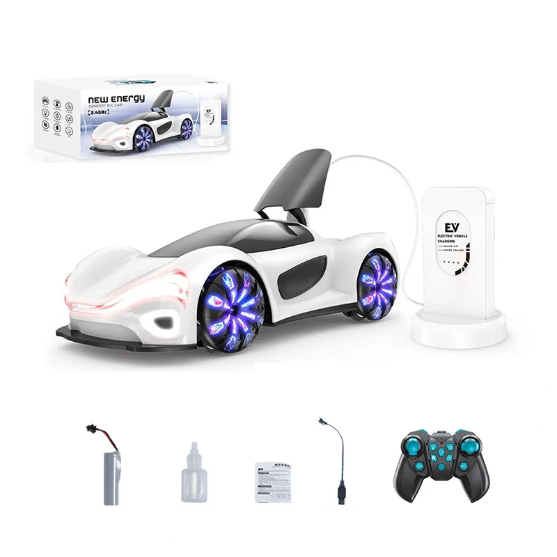 New Energy Vehicle Rc Car Stunt 2.4G Remote Control Car With EV Charging Station Light Music Spray function Children's Toys Gift