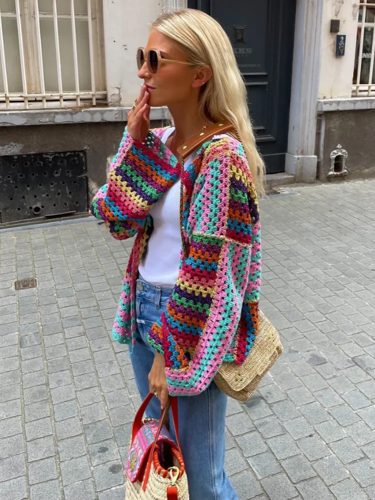 Autumn Knitted Cardigan Women Hollow Out Colorful Sweater Female Y2K Casual Long Sleeve Knitwear Top Lady Vintage Loose Cardigan