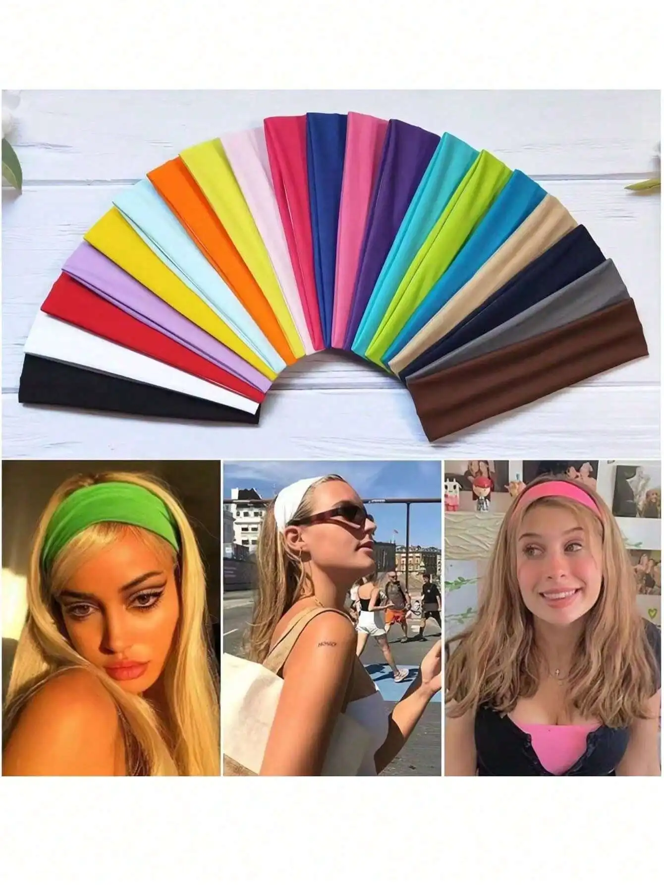 

18pcs Bohemian Style Solid Color Elastic Headbands For Women Sports Yoga Makeup
