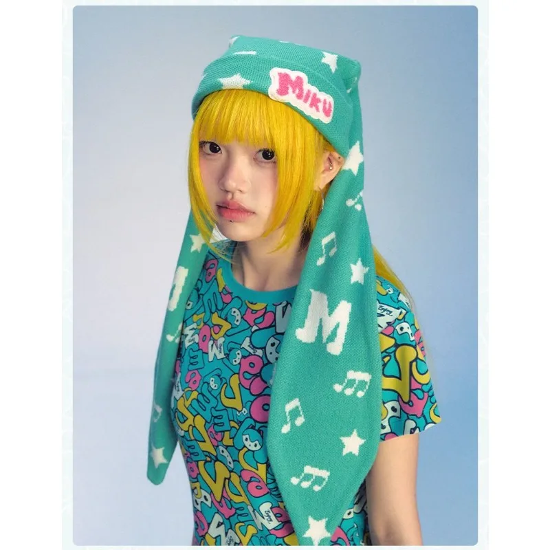 

Hatsune Miku Plush Cap Double ponytail knitted hat Cute Cartoon Pullover Hat Thickened Warm Ear Protection Riding Hat Girl Gifts