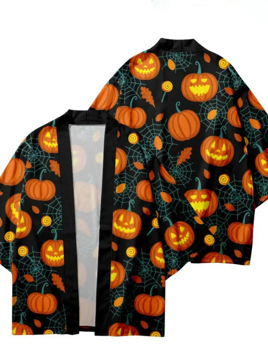 

Halloween Pumpkin Head Open Cardigan Kimono Style Print Robe Sleepwear for Men Autumn Season Casual Comfortable Fit