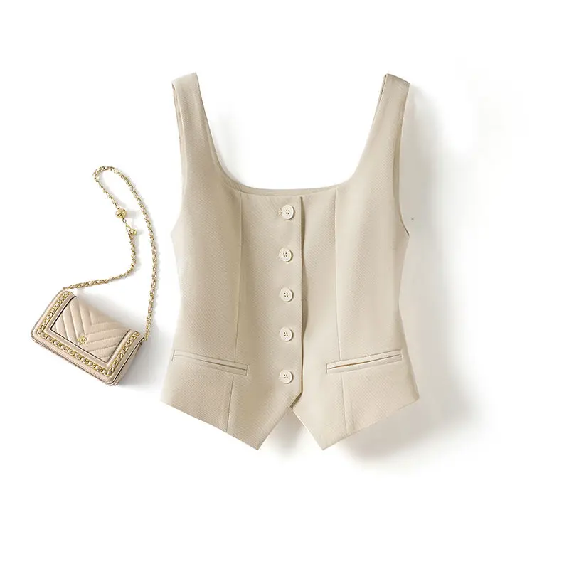 여성을위한 패션 민소매 조끼 여성 세련된 스퀘어 넥 싱글 브레스트 여름 조끼 탑 숙녀 캐주얼 양복 조끼 새 코트