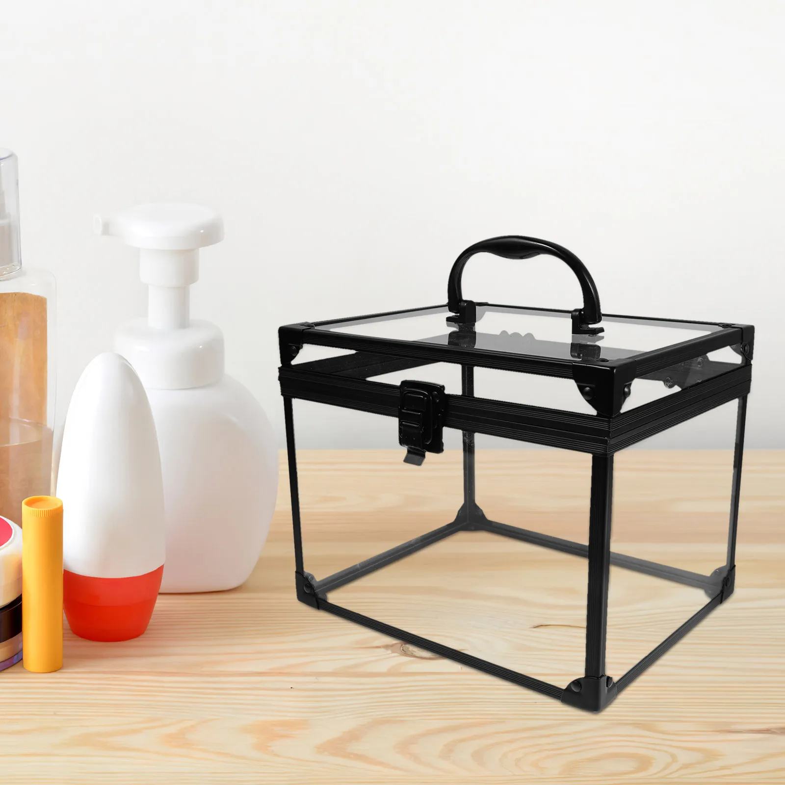 

Transparent Lockable Makeup Storage Box Travel Jewelry Organizer Display Case Clear Crown Box Padlock Keys